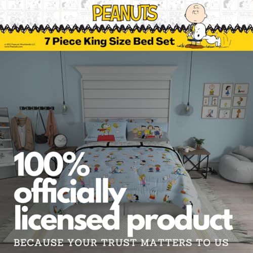 Peanuts® Charlie Brown, Snoopy & Gang Bedding, 7 Piece Super Soft Cozy Reversible Comforter and Sheet Set with Sham, King, (100% Official Licensed Product) by Franco Collectibles Franco