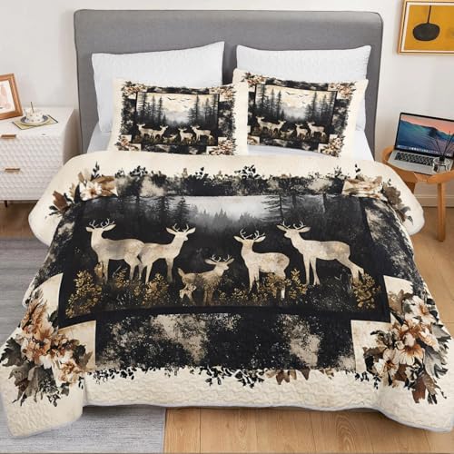 HOSIMA Deer King Bedding Set for Adults,Deer in Forest Print Summer Soft Lightweight Quilt,Floral Pattern Plaid Animal Bedding for Aesthetic Room Decor with 2 Pillowcases. HOSIMA