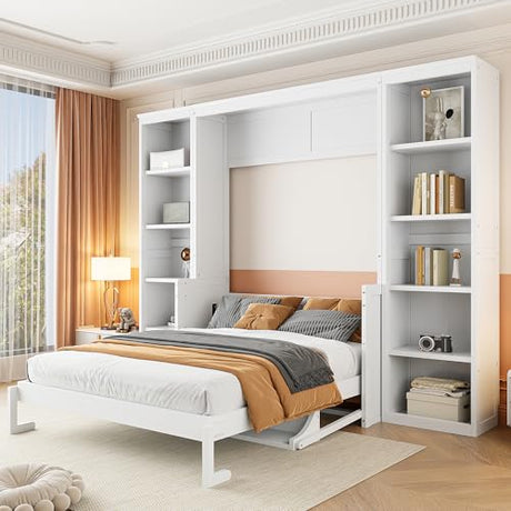 Ball & Cast Full Size Murphy Bed Wood Hideaway Cabinet Platform Bedframe with Desk and Bookshelf,Wall Chest w/Slat Support & Storage Racks,can be Folded,Space-Saving,for Small Room,Dorms,White Ball & Cast