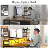 EnHomee 44 Inch Computer Desk with Hutch and Drawers,Reversible Home Office Desk with Monitor Shelf,Small Gaming Desks with USB Power Outlets,Writing Table for Office with LED Lights,Rustic Brown EnHomee