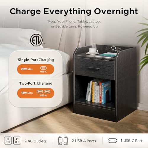 Lazzanto Nightstand with Hidden Drawer & Charging Station, Modern Bedside Table with Storage Drawer and Hidden Compartment, for Bedroom, AC Outlets, USB-A & USB-C Ports, Black Lazzanto