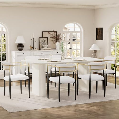 HAIZAO 71" White Oval Dining Table Set for 6, 7 Piece Modern Kitchen Table & 6 Upholstered Boucle White Dining Chairs with Gold Armrests for Kitchen, Dining Room, Meeting Room HAIZAO