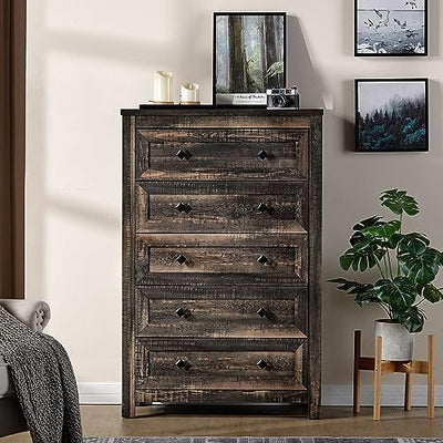 VanAcc 5 Tall Dresser for Bedroom with Drawers, Tall Chest of Drawers with Vintage Grain Texture, Farmhouse Wood Dresser for Bedroom, Living Room, Hallway, Dark Oak