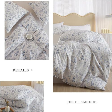 Queen Comforter Set White Blue Floral Bedding Comforter Set Queen Vintage Style Garden Floral Comforter Set for Girls Botanical Flower Comforter Set for All Seasons 1 Boho Comforter with 2 Pillowcases LifeTB