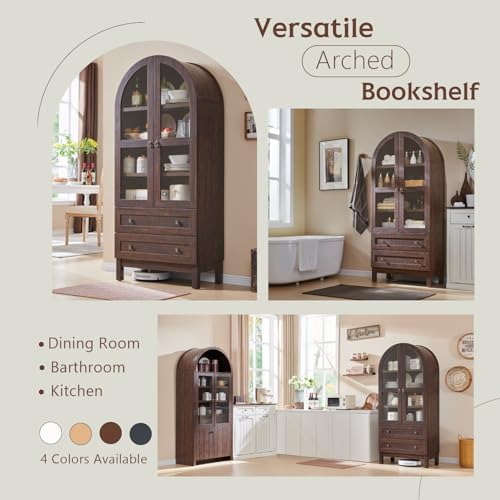 IFBUY 71" Tall Arched Bookshelf, 4-Tier Bookcase with Glass Doors and Shelves, Wooden Display Cabinet w/2 Large Storage Drawers, Modern Farmhouse Versatile Bookshelf for Living Room, Bedroom, Brown IFBUY