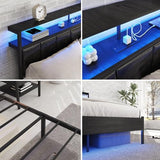 Full Size Bed Frame with Charging Station and LED Lights, Black Upholstered Headboard with 2-Tier Storage Shelves, Metal Bed Frame with Headboard, No Box Spring Needed, Easy Assembly,Black CollaredEagle