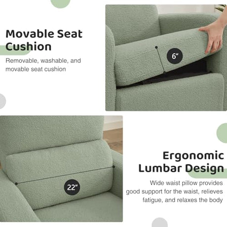 AEMEIOS Swivel Rocker Recliner, Oversized Manual Boucle Nursery Glider Rocking Recliner Chair with Removable Cushion, Upholstered Swivel Reclining Chair for Nursery Living Room Bedroom, Teddy Green AEMEIOS