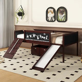 Twin Size Low Loft Bed with Slide and 2 Storage Boxes,Kids Low Loft Bed Frame with Climbing and Chalkboard,Solid Loft Bed Twin for Boys,Girls,Espresso Bellemave