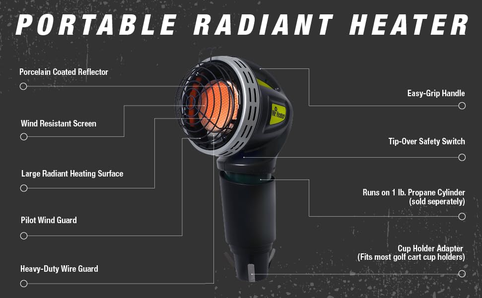 Mr. Heater F242010 MH4GC 4000 BTU Golf Cart Heater, Wind-Resistant With ODS And Tip-Over Safety Switch & Cup Holder Adapter - Silver and Black Mr. Heater