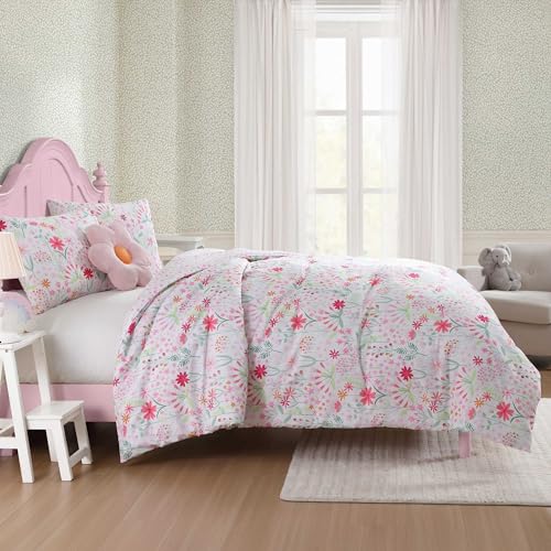 Laura Ashley - Kids Comforter Set, 100% Super Soft Toddler Bedding with Matching Sham & Bonus Decorative Pillow, Ideal Girl Room Essentials (Sunshine Flowers Pink, Twin) Laura Ashley