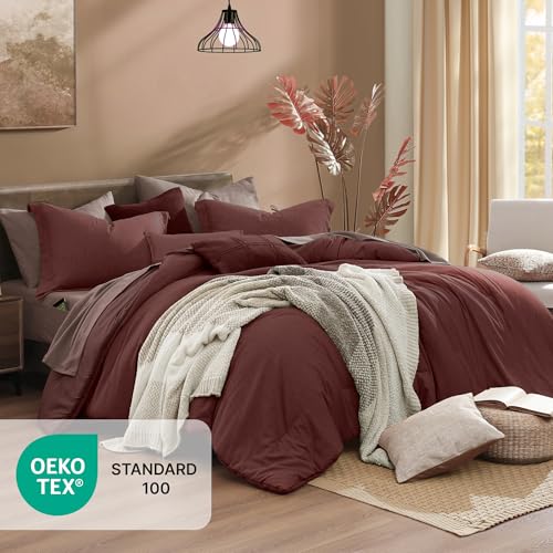Monbix Queen Comforter Set - 7 Pieces Cationic Dyeing Dark Red Bed in a Bag Queen Bedding Sets with Comforter, Sheets, Pillowcases & Shams, Reversible Bedding Comforters Sets Monbix