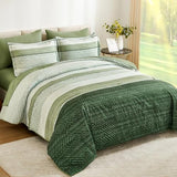 Drucon Christmas Olive Green Striped Comforter Set Queen Size 7 Pieces Reversible Bedding Set, Boho Bed in a Bag, Soft Microfiber Comforter and Sheet Set for All Season Drucon