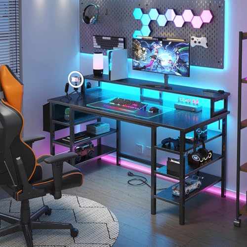 Lufeiya Gaming Desk with LED Lights and Storage Shelves, 47 inch Computer Desk with Power Outlets, Home Office Desk with Monitor Stand, Writing Table PC Desks, Black Lufeiya