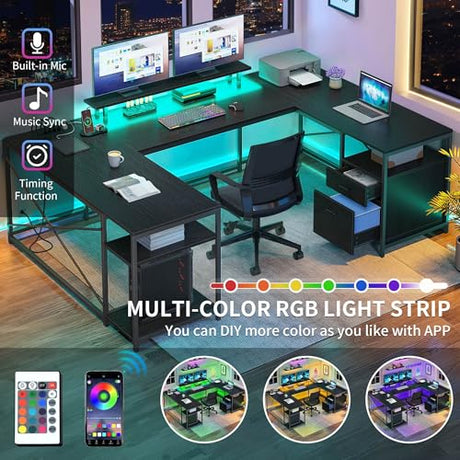 DWVO U Shaped Desk with Drawers, 79" Reversible L Shaped Desk with Power Outlets & LED Lights, Corner Computer with Monitor Stand & Storage Shelves, Black DWVO