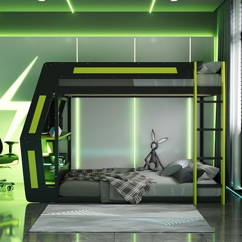 Full Size Bunk Bed with Desk & Charging Station & RGB Light Strip,Wooden Gaming Bunk Bed Frame with Storage Shelves,Safety Guardrails & Ladder for Bedroom,Under-Bed Space,No Box Spring Needed,Green FUvellamo