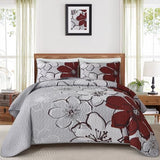 Luxudecor Floral Quilt Set Queen 3 Pieces Red Flower Quilt Coverlet Set with 2 Pillow Cases, Lightweight Soft Microfiber Reversible Boho Bedspread for All Seasons 96"x90" Luxudecor
