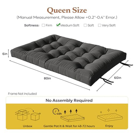 Furnify 6" Futon Mattress Queen Size, Futons Sofa Couch Bed with Straps, Thick Corduroy Fabric Floor Mattress for Adults, Foldable Mattress with Shredded Foam Filling (Frame Not Included), Grey Furnify