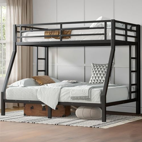 HKOLIE Twin Over Full Bunk Bed, Metal Bunk Bed Frame Heavy Duty Bunk Beds Loft Bed Frame with Ladder and Guardrail Metal Slats No Box Spring Required for Adults Teens, Black HKOLIE
