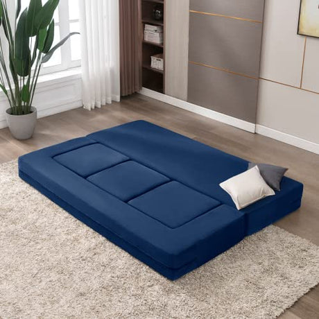 CECER 80" Convertible Floor Sofa Bed，Folding Sofa Bed with 3 Ottomans，Velvet Modular Sectional Futon Sleeper，Foldable Memory Foam Couch for Living Room/Guest Room/Playroom（Blue） CECER