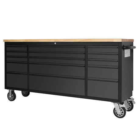 GarveeTech 72 in Rolling Tool Chest Cabinet, Mobile Workbench with 15 Drawers & Rubberwood Tabletop, Tool Organizer for Garage/Workshop/Warehouse, Black GarveeTech