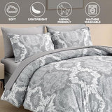 WONGS BEDDING Grey Comforter Set Queen Size, Damask Texture 7 Pieces Gray Bed in a Bag Microfiber Boho Comforter Bedding Sheet Set with Comforter, Flat Sheet, Fitted Sheet,Pillow Shams,Pillowcases WONGS BEDDING
