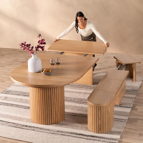 Transformer Table - Solid Wood Extendable Round Dining Table Set with Bench, Expandable Round Dining Set, Seats 4-10, Seat with Hidden Panel Storage, Natural (Table + Bench) Transformer Table