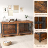 Rovibek 86 Inch Double Dog Crate Furniture, Dog Cage Furniture with Removable Divider & Trays, Large Wooden Dog Crates for 2 Dogs Indoor with Three Doors, Rustic Brown Rovibek