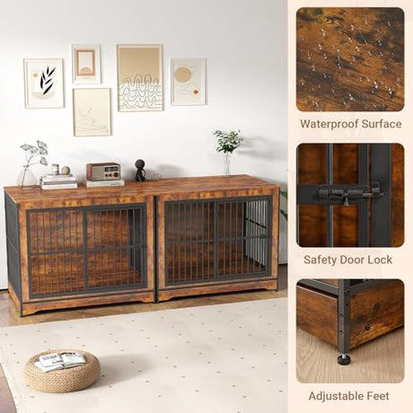 Rovibek 86 Inch Double Dog Crate Furniture, Dog Cage Furniture with Removable Divider & Trays, Large Wooden Dog Crates for 2 Dogs Indoor with Three Doors, Rustic Brown Rovibek