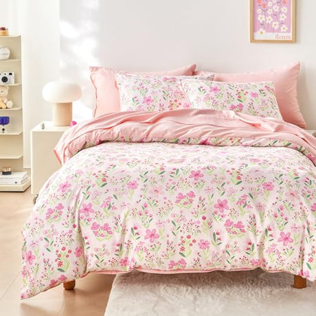 Wake In Cloud - Floral Comforter Set, Botanical Flower Cottagecore Shabby Chic Aesthetic for Women Teen Girls, Soft Lightweight Dorm Bedding, 3 Pieces, Light Pink, Full Size Wake In Cloud