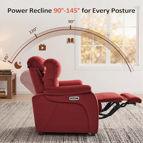 MCombo Power Zero Wall Hugger Recliner Chair for Small Space RV Living Room, Power Recliner with Adjustable Headrest, USB & USB-C Charging Ports, Fabric ST257 (Burgundy)