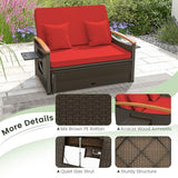 Tangkula Patio Rattan Daybed with 4-Level Adjustable Backrest, Outdoor Wicker Loveseat with Acacia Wood Armrest, Storage Ottoman & Folding Tray, Double Sunbed for Balcony, Backyard & Poolside, Red Tangkula