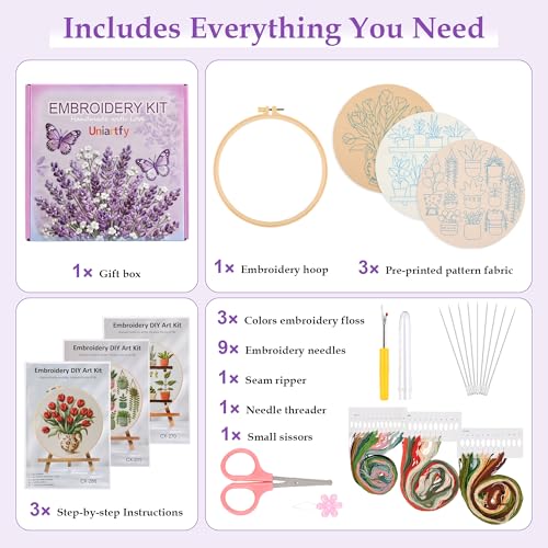 3 Pack Embroidery Kit for Adult Beginners, Needlepoint Cross Stitch Kits with Flower and Green Plant Stamped Patterns, Embroidery Hoop, Tools,Colorful Threads,Step by Step Instructions,DIY Starter Kit