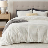 Bedsure Fluffy Duvet Cover Set - Ultra Soft Plush Shaggy Comforter Cover King Size, Warm Flannel Fleece Bed Sets for Winter, 3 Pieces (Striped Pattern, Coconut White) Bedsure