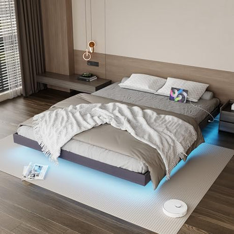 Muluflower Floating Bed Frame Full Size with LED Lights and Charging Station, Grey Linen Metal Platform Bed Frame, Easy Assembly, No Box Spring Needed (Full) Muluflower