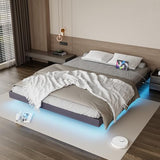 Muluflower Floating Bed Frame Queen Size with LED Lights and Charging Station, Grey Linen Metal Platform Bed Frame, Easy Assembly, No Box Spring Needed (Queen) Muluflower