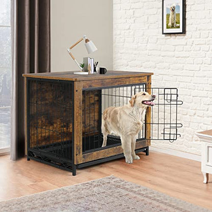 TLSUNNY Dog Crate Furniture, 38.6" Wooden Side End Table, Modern Dog Kennel with Double Doors, Heavy-Duty Dog Cage with Pull-Out Removable Tray,