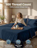 LANE LINEN Queen Bed Sheets - Pemium 600 Thread Count Long Staple 100% Cotton Sheets Queen Size Bed Set, Hotel Luxury Sateen Finish, 15" Deep Pocket Fitted Sheet, Cool & Durable - Denim LANE LINEN