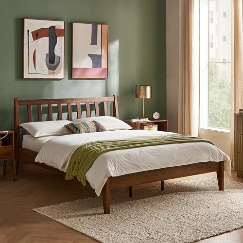 Ted Mid Century Modern Acacia Queen Bed Frame with Slatted Headboard and Double Metal Support - WoodArtSupply