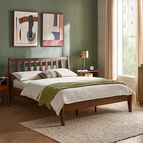 Ted Mid Century Modern Acacia Queen Bed Frame with Slatted Headboard and Double Metal Support mopio