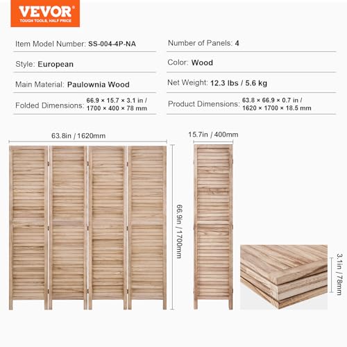 VEVOR Wood Room Divider, 4 Panel Wood Folding Privacy Screen, 66.9 Inches Tall Indoor Louvered Wooden Partition, Portable Decoration Screen, for Room Separation, Home, Office, Restaurant & Bedroom VEVOR