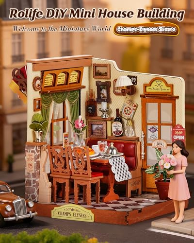 Rolife Miniature House Kit for Adults Elysees Bistro Book Nook Kit DIY Wooden Dollhouse Kit Tiny Mini House Bookshelf Decor 3D Wooden Puzzle Hobby Crafts Gifts for Family Friends