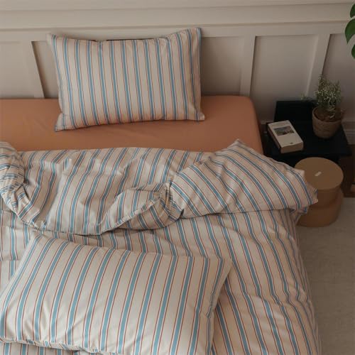 Blue Striped Duvet Cover Set Full 100% Cotton Retro Stripes Pattern 3 Pieces Bedding Set Blue Brown Striped Comforter Cover Minimalist Soft Breathable Duvet Cover with Zipper Closure & Corner Ties LifeTB
