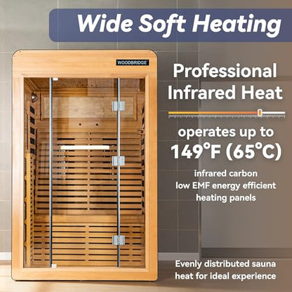 WOODBRIDGE Infrared Home Sauna Room 2 Person Hemlock Wooden Indoor Sauna,7 Carbon 2230W/120V Heaters,with Led Color Therapy Light,Bluetooth Speaker,Tempered Glass,Touch-Tone Keypad and A Top Vent