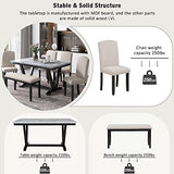 Merax Modern Style 6-Person Dining Table Set with 4 Chairs & a Bench, Marbled Veneers Tabletop and V-Shaped Table Legs, White Merax