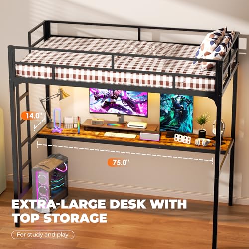 INTERGREAT Loft Bed Twin Size with Desk, Metal Loft Bed Frame with LED Lights and Charging Station, Safety Guardrail and Ladder, No Box Spring Needed, Space-Saving, Noise Free, Black INTERGREAT