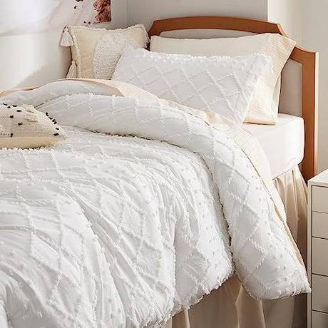 Bedsure Twin Comforter Set - White Boho Twin Comforter, Shabby Chic Dorm Bedding Set for Kids, 2 Pieces Modern Farmhouse Bed Set, Includes 1 Pillow Sham Bedsure