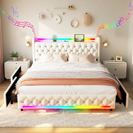 Juego 5-in-1 LED Light Queen Bed Frame with Bluetooth Speakers,Upholstered Platform Bed with USB & Type-C Charging Station,4 Drawers Storage and Wooden Slats Support,Velvet Bed with Headboard,Beige Juego