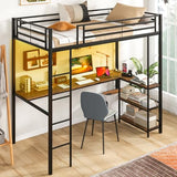 Giantex Twin Loft Bed with L-Shaped Desk, Metal Loft Bed Frame with LED Lights, Charging Station & 3 Storage Shelves, Safety Guardrail & Ladder, Loft Bed for Teens Juniors, No Box Spring Needed, Black Giantex