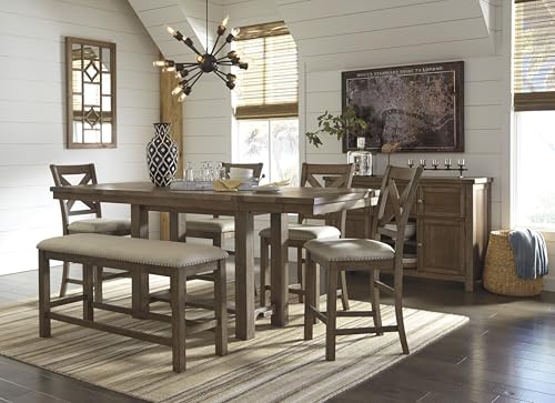 Signature Design by Ashley Moriville Rustic Farmhouse Counter Height Dining Extension Table, Separate Extension Leaves, Seats 8, Wood, 36" W x 86" D x 36" H, Brown Signature Design by Ashley