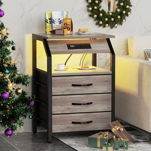 SZLHANJZ Night Stand Set of 2, Nightstands with Charger Station and LED Lights, End Tables Set with 3 Fabric Drawers, Storage Side Tables for Bedside, Living Room, Greige SZLHANJZ